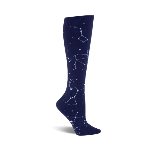 Knee-high socks in navy blue with a pattern of light blue constellations.  A stylish and comfortable design for everyday wear.