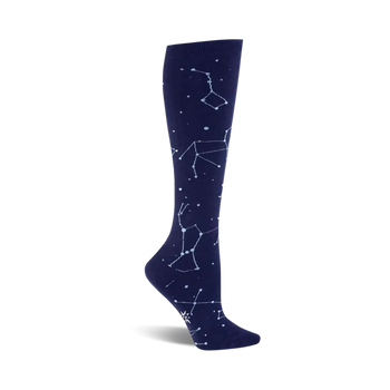 women's knee high dark blue socks with white dot pattern inspired by constellations.  