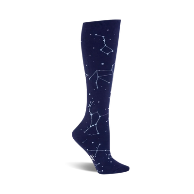 women's knee high dark blue socks with white dot pattern inspired by constellations.  