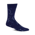 Navy blue crew socks with a white constellation design.  A celestial-themed sock for comfort and style.
