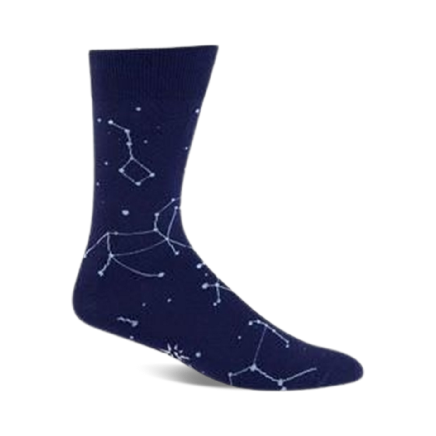 Navy blue crew socks with a white constellation design.  A celestial-themed sock for comfort and style.