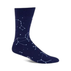 Navy blue crew socks with a white constellation design.  A celestial-themed sock for comfort and style.
