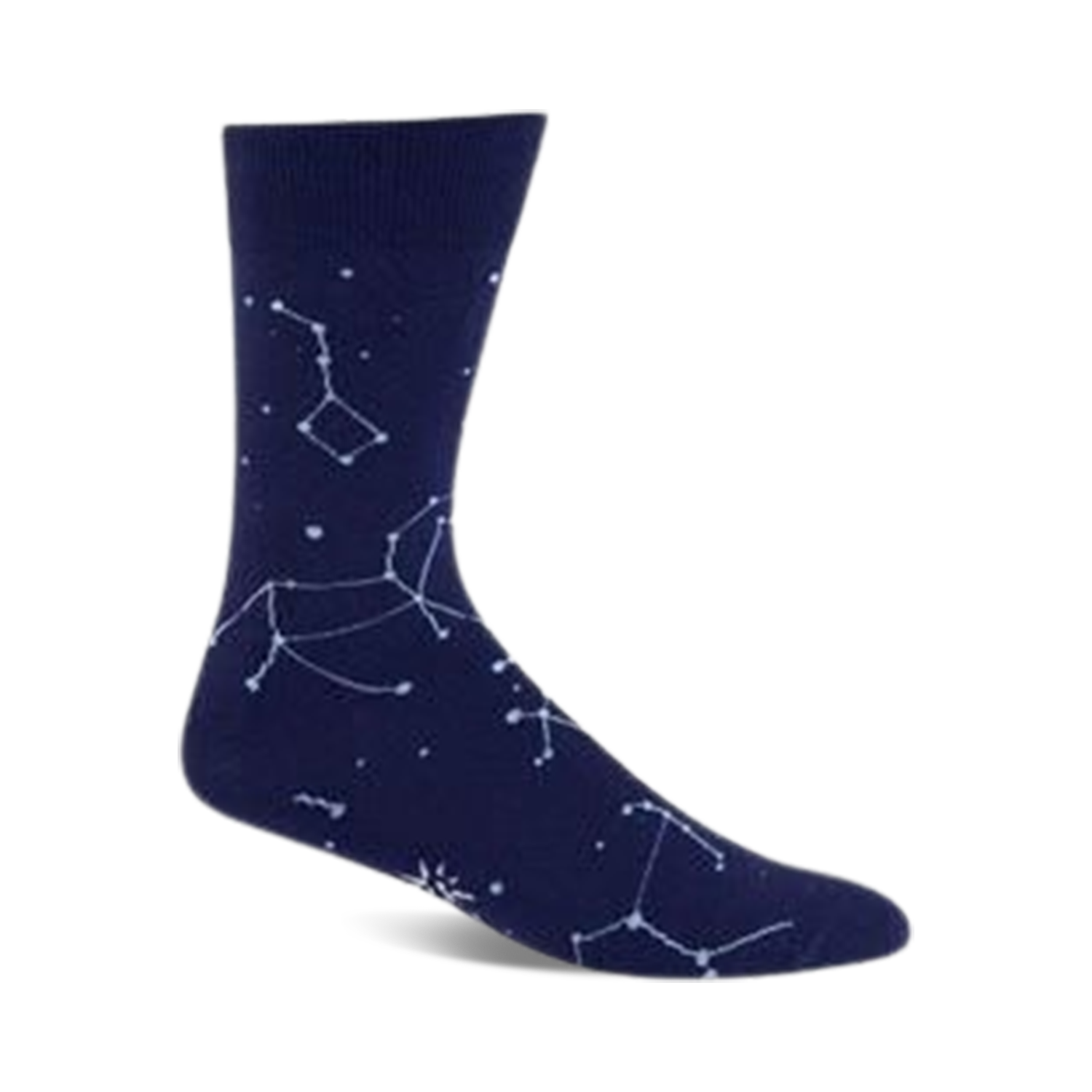 Navy blue crew socks with a white constellation design.  A celestial-themed sock for comfort and style.