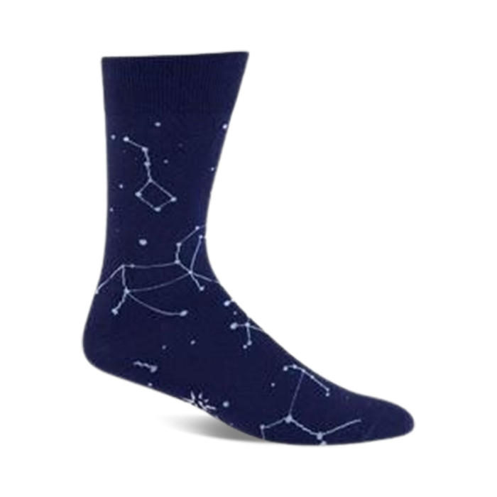  mens blue crew socks with white dot pattern like a starry space constellation.   }}