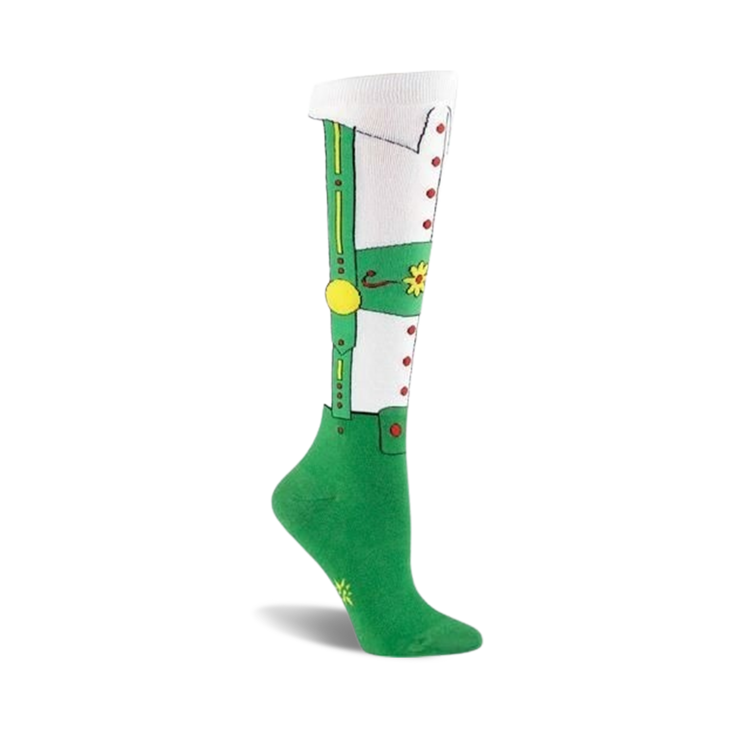 Knee-high socks showcasing a lederhosen design. Primarily green and white with yellow and red accents.