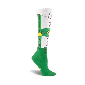 knee-high women's socks with green background, white suspenders, yellow buttons, brown belt, and white shirt with yellow flower.  
