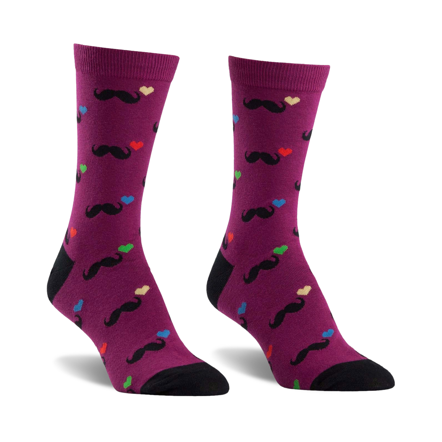 A pair of purple crew socks with a fun pattern. Black mustaches and multicolored hearts are playfully scattered across the socks, which have black heels and toes.