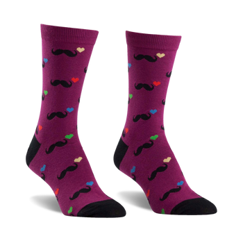 purple crew socks with mustache and heart pattern for women.  