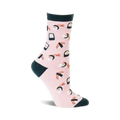 Pink crew socks with a fun sushi pattern. Dark green cuffs and a variety of sushi pieces are featured on a light pink background.