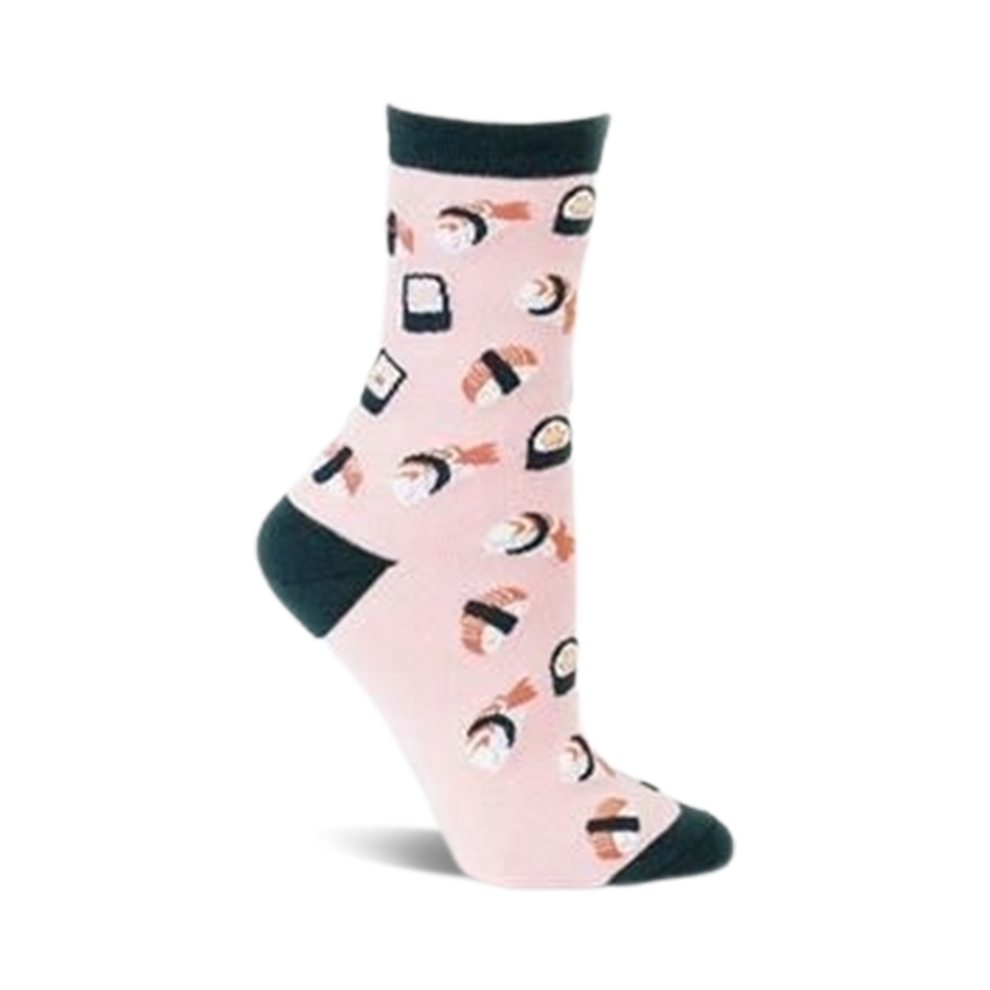Pink crew socks with a fun sushi pattern. Dark green cuffs and a variety of sushi pieces are featured on a light pink background.
