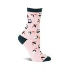 Pink crew socks with a fun sushi pattern. Dark green cuffs and a variety of sushi pieces are featured on a light pink background.