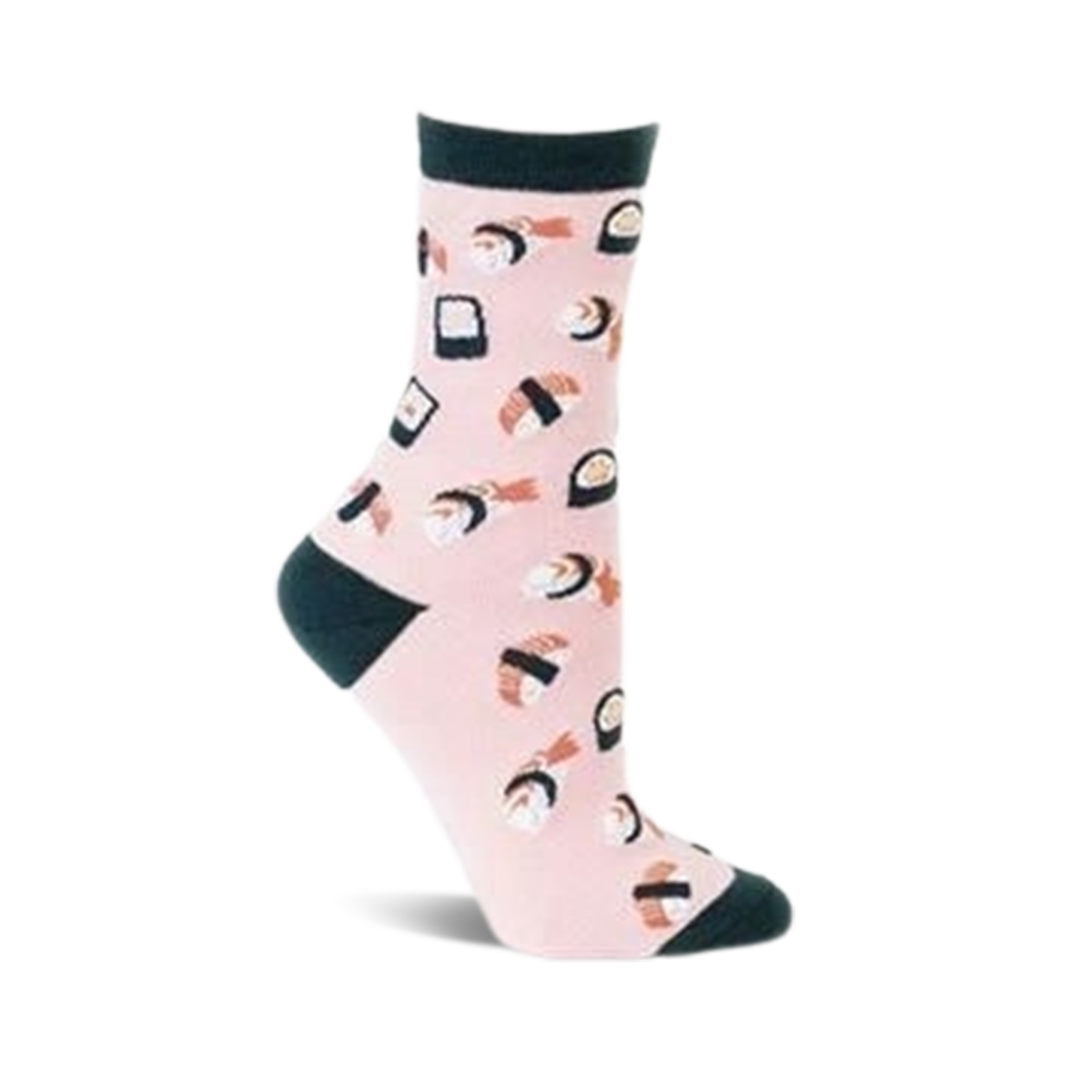 Pink crew socks with a fun sushi pattern. Dark green cuffs and a variety of sushi pieces are featured on a light pink background.