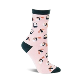 sushi-patterned cotton crew socks in pink for women, with black toe and heel.   