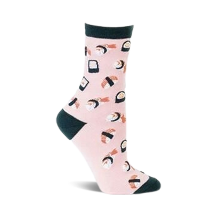 sushi-patterned cotton crew socks in pink for women, with black toe and heel.   