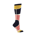 Knee-high socks in navy, dusty rose, and gold. Features a geometric Art Deco-inspired design with bold blocks of color and clean lines.
