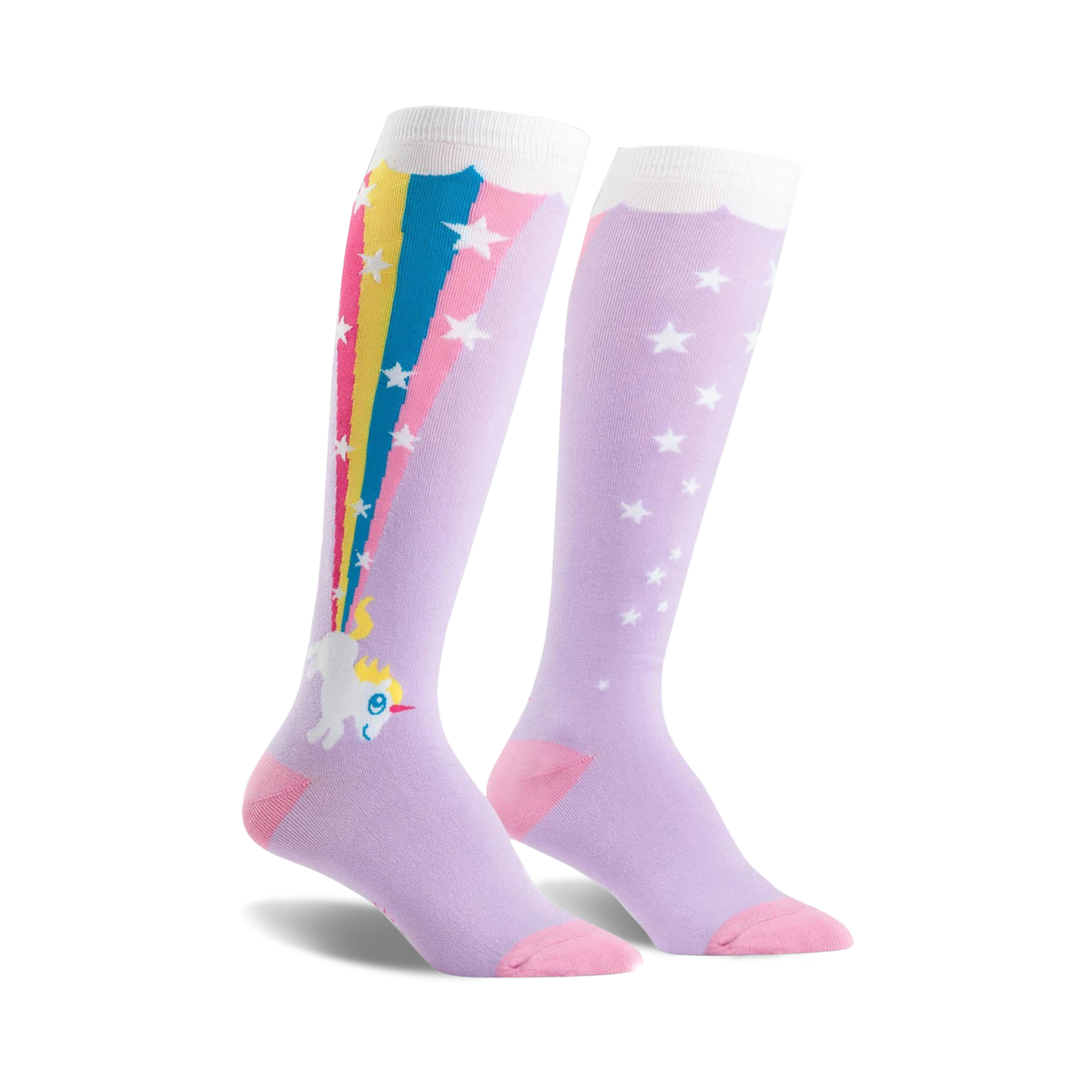 Pair of lavender knee-high socks.  One sock features a unicorn with a rainbow shooting from its rear; the other has white stars. Pink accents at the toes.