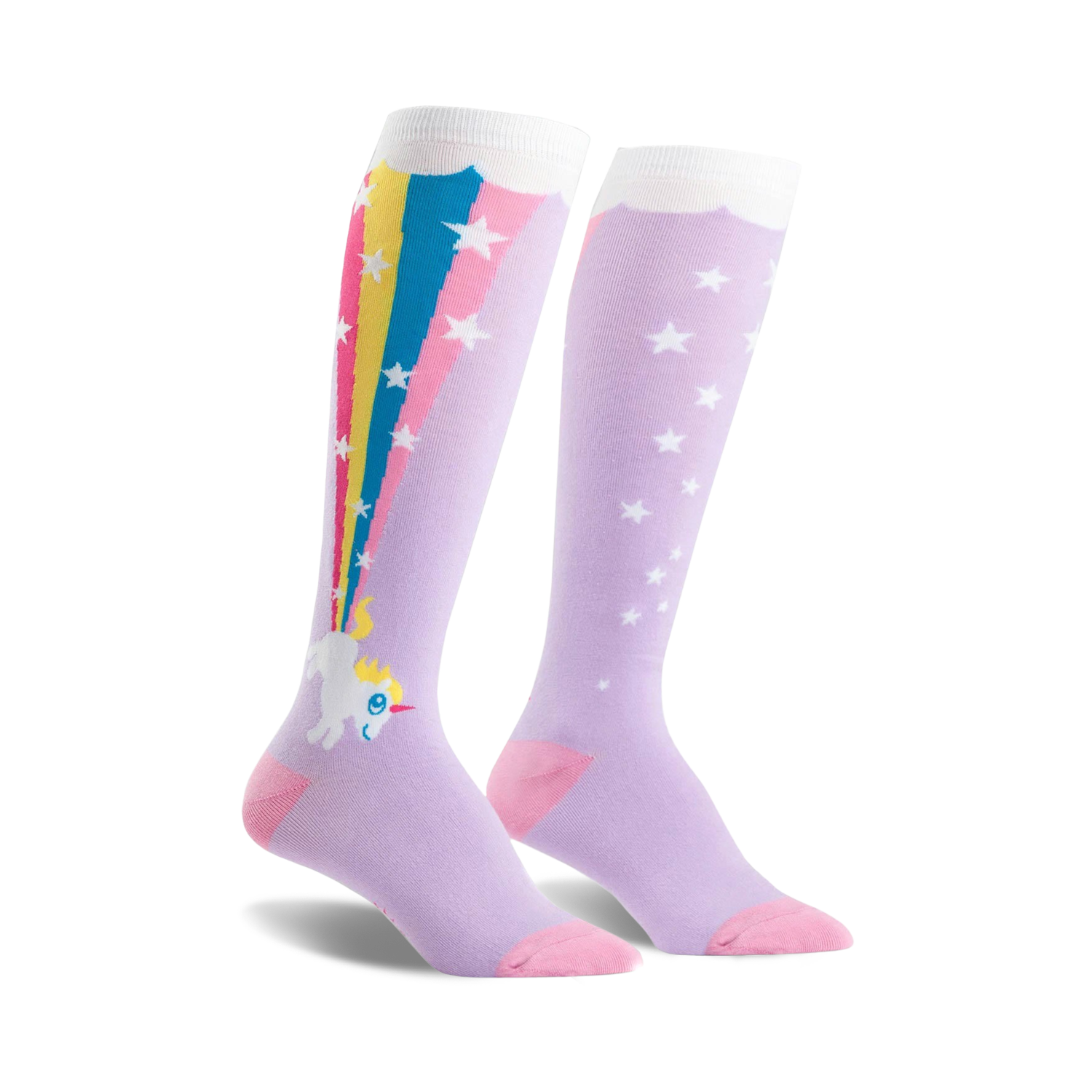 Pair of lavender knee-high socks.  One sock features a unicorn with a rainbow shooting from its rear; the other has white stars. Pink accents at the toes.