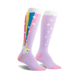 women's knee-high purple socks adorned with stars, a rainbow, a unicorn, and a shooting star.  