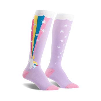 rainbow blast unicorn themed womens purple novelty knee high socks