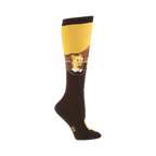 Side view of a brown and gold American Gothic knee-high sock, showcasing the design detail.
