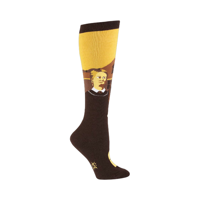 Side view of a brown and gold American Gothic knee-high sock, showcasing the design detail.