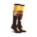 Pair of brown and gold knee-high socks featuring a depiction of Grant Wood's American Gothic painting. 