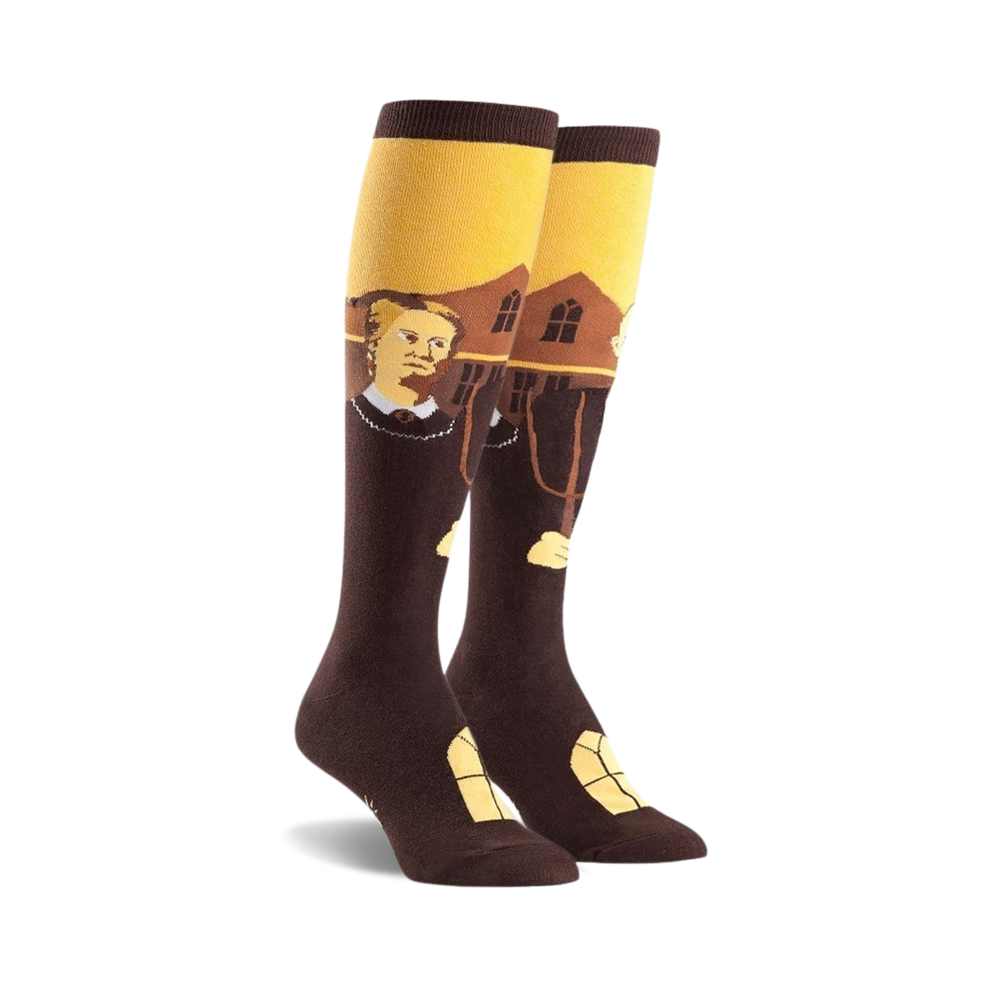 Pair of brown and gold knee-high socks featuring a depiction of Grant Wood's American Gothic painting. 