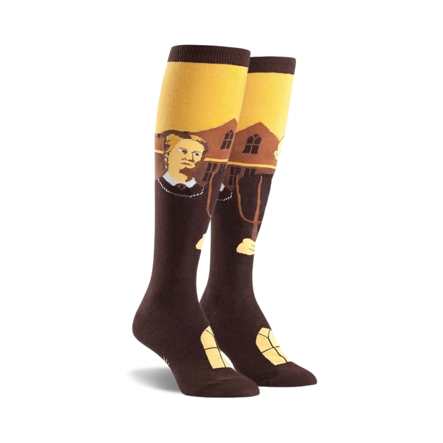 Pair of brown and gold knee-high socks featuring a depiction of Grant Wood's American Gothic painting. 