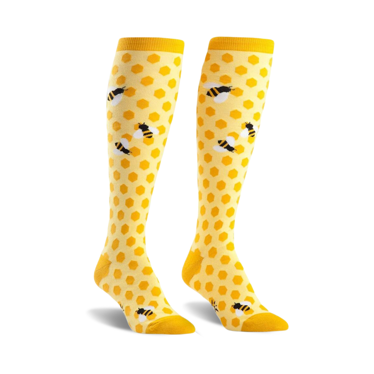 Pair of yellow knee-high socks with a honeycomb pattern and cute bee illustrations.