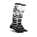 Pair of black, white, and grey zebra-striped knee-high socks.  Features a playful zebra face design near the top.