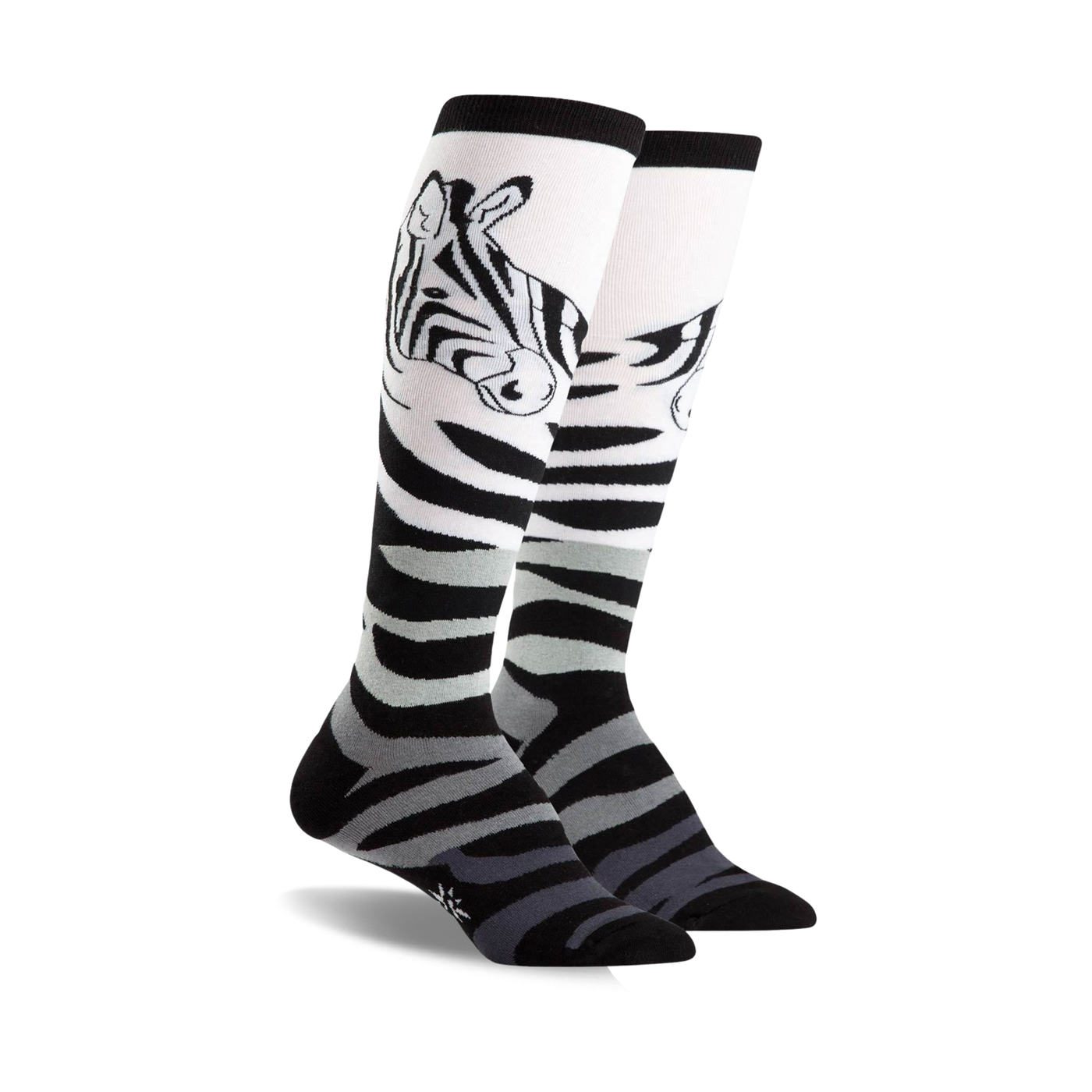 Pair of black, white, and grey zebra-striped knee-high socks.  Features a playful zebra face design near the top.