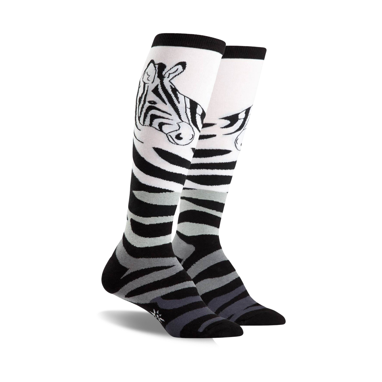 Pair of black, white, and grey zebra-striped knee-high socks.  Features a playful zebra face design near the top.