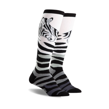   zebra face mid-calf socks for women with white bodies and black toe and heel.  