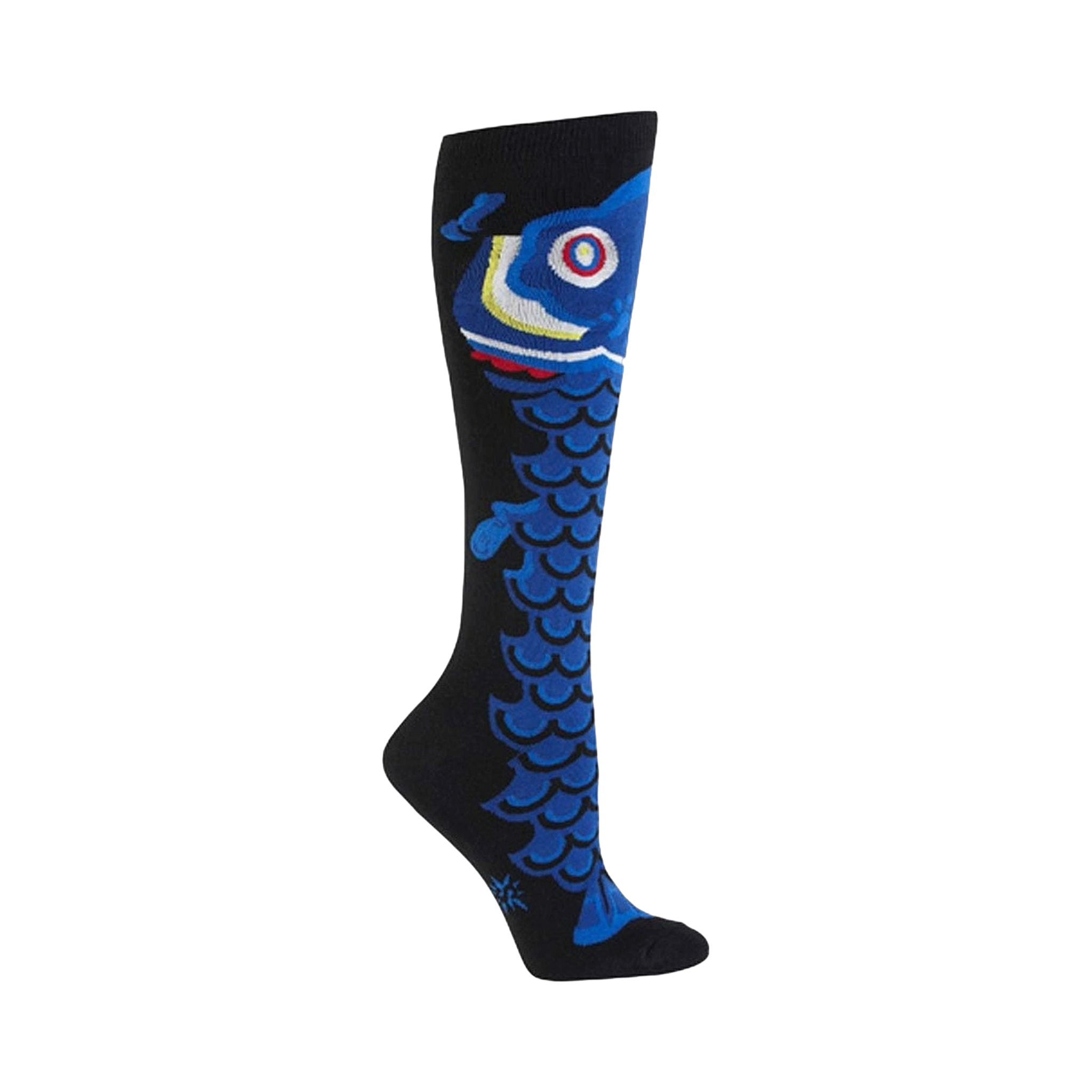 Black knee-high socks with a vibrant blue koi fish design extending from the calf to the toe.  Colorful details highlight the fish's eye and scales.