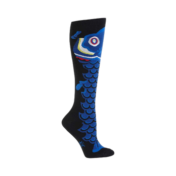 Black knee-high socks with a vibrant blue koi fish design extending from the calf to the toe.  Colorful details highlight the fish's eye and scales.