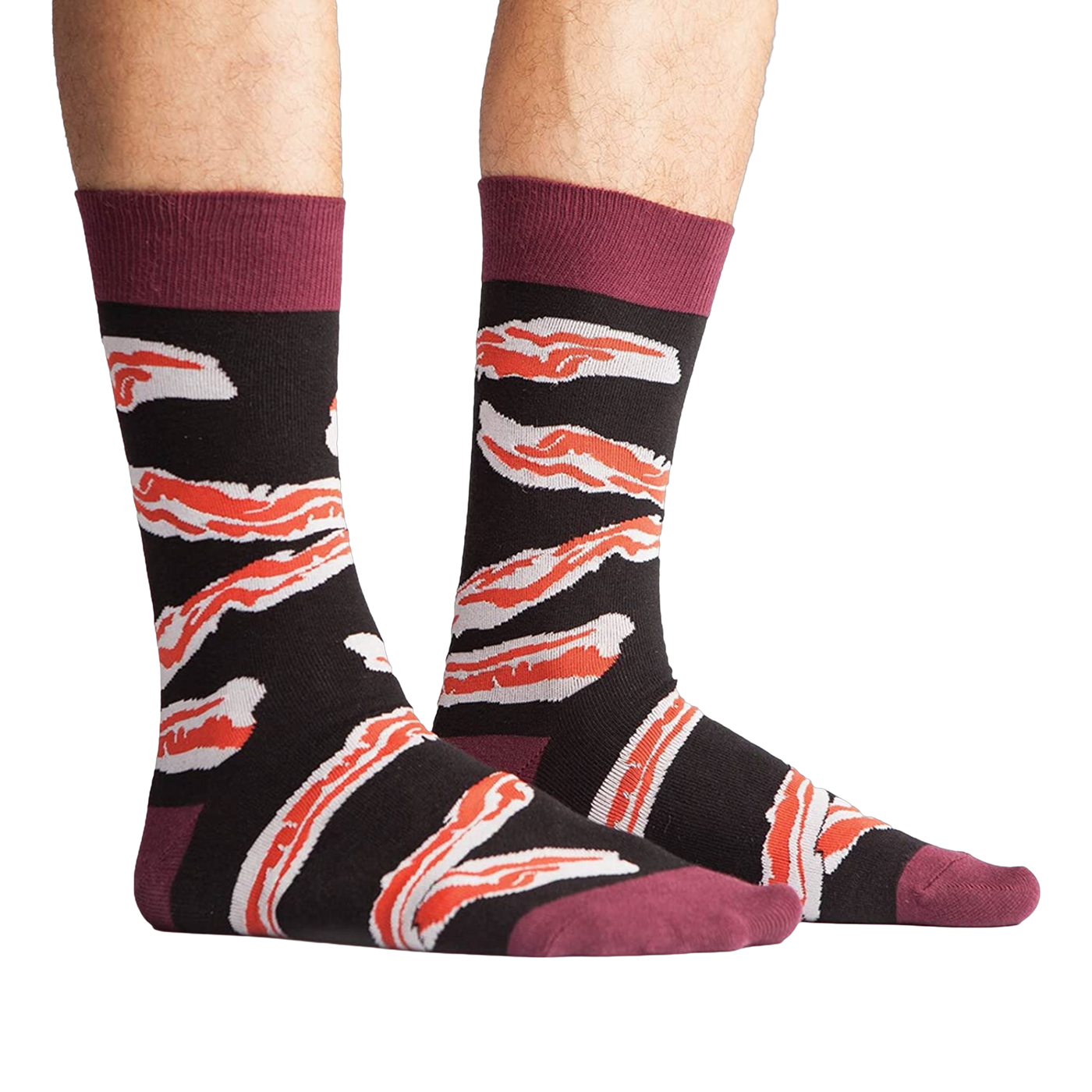 A studio shot of the bacon socks laid flat, showing detail of the design.