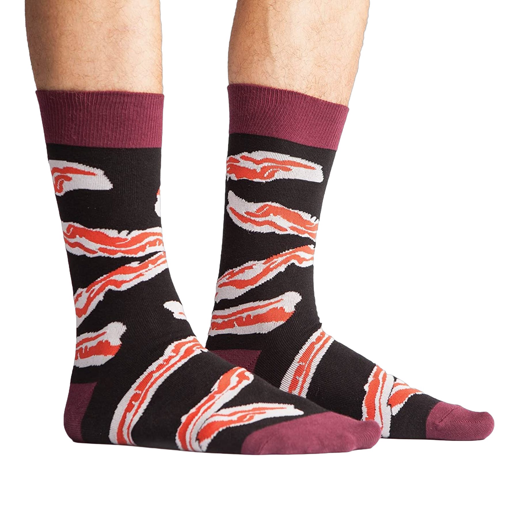 A studio shot of the bacon socks laid flat, showing detail of the design.