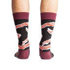 Back view of the socks highlighting the maroon cuff and bacon design.