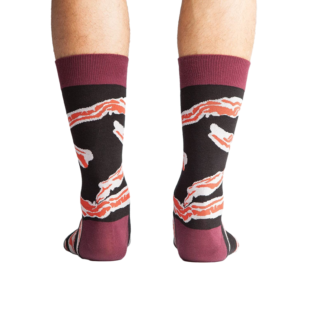 Back view of the socks highlighting the maroon cuff and bacon design.