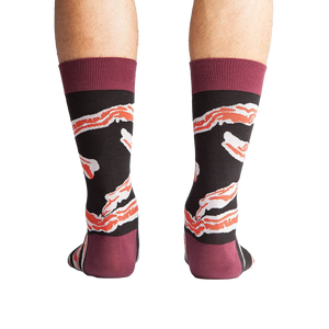 Back view of the socks highlighting the maroon cuff and bacon design.