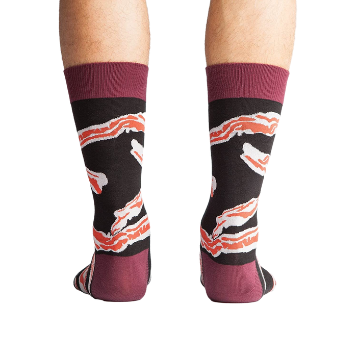 Back view of the socks highlighting the maroon cuff and bacon design.