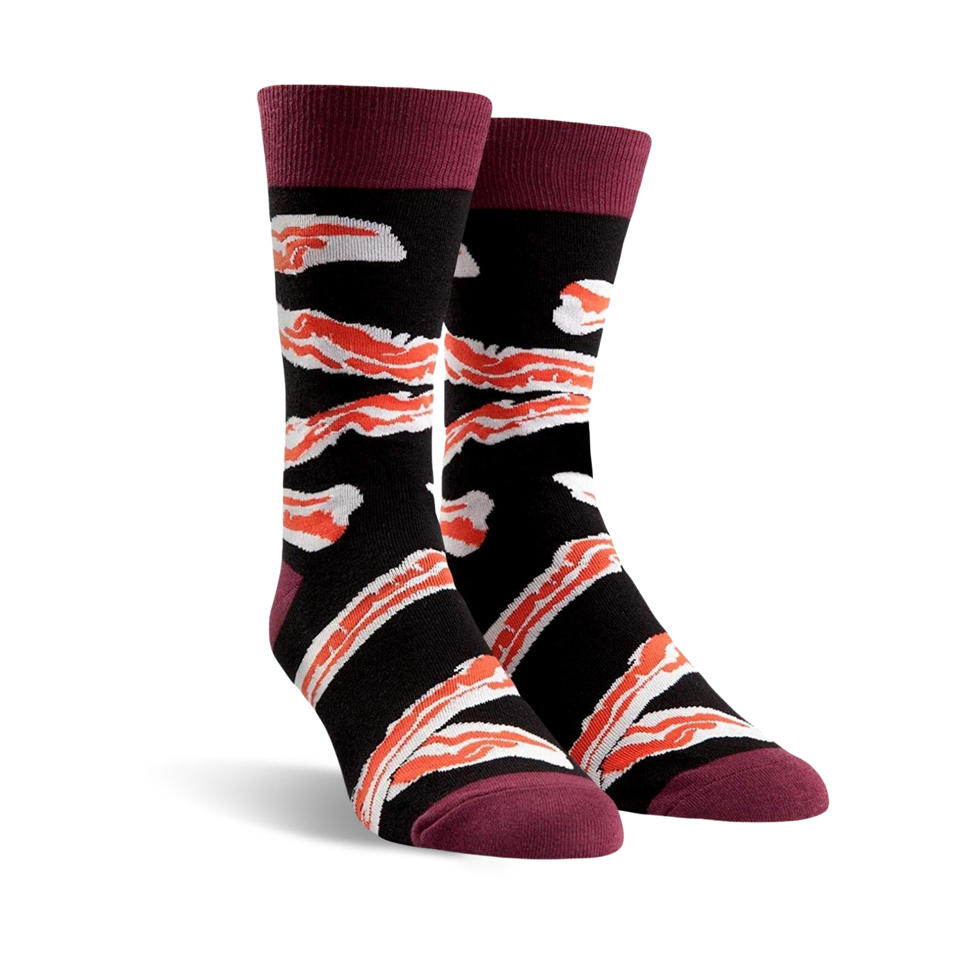 Pair of crew socks in black with a crispy bacon design and burgundy cuffs. 