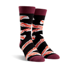 Pair of crew socks in black with a crispy bacon design and burgundy cuffs. 