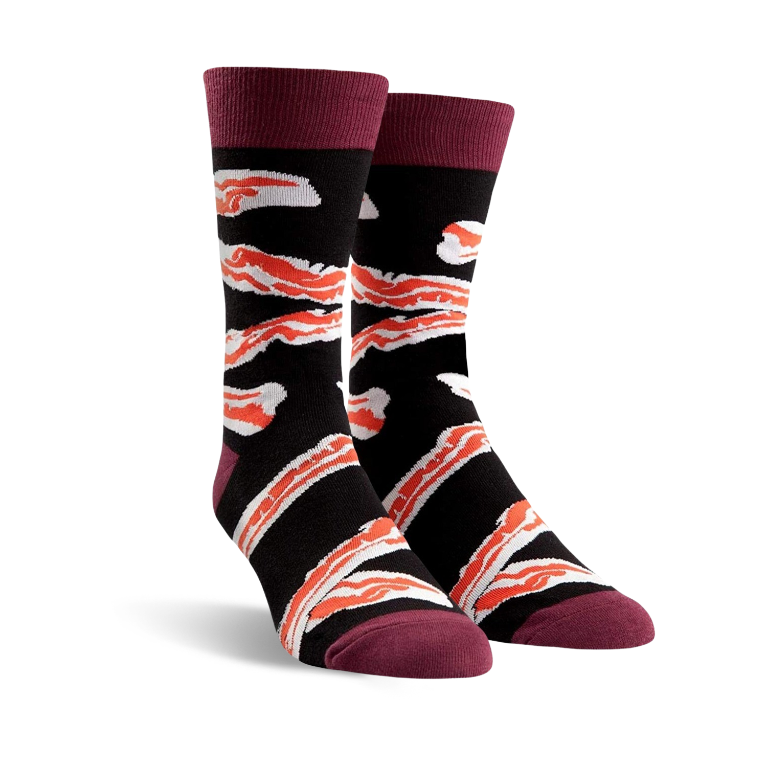Pair of crew socks in black with a crispy bacon design and burgundy cuffs. 