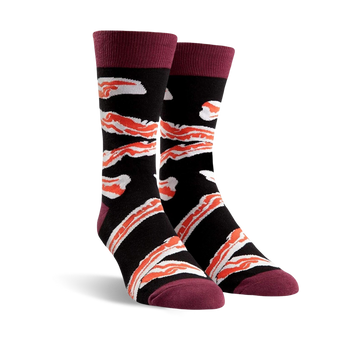 men's crew socks in black with an allover pattern of bacon strips   