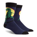 T-Rex socks: Navy blue with a fierce green Tyrannosaurus Rex dinosaur design on a yellow background. Black cuffs, heels, and 