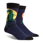 T-Rex socks: Navy blue with a fierce green Tyrannosaurus Rex dinosaur design on a yellow background. Black cuffs, heels, and 