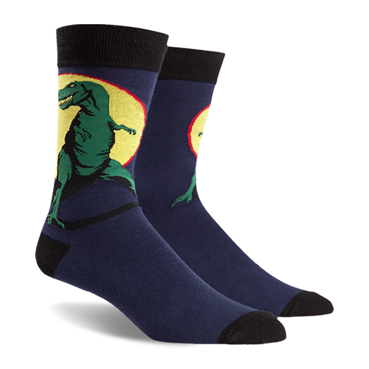 T-Rex socks: Navy blue with a fierce green Tyrannosaurus Rex dinosaur design on a yellow background. Black cuffs, heels, and 