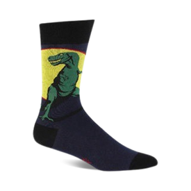 crew-length socks featuring green dinosaurs with yellow bellies and three white claws on each foot; standing on yellow crescent moon against dark blue background.   