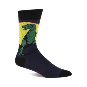 crew-length socks featuring green dinosaurs with yellow bellies and three white claws on each foot; standing on yellow crescent moon against dark blue background.   